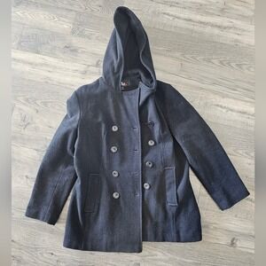 Women's sz L Black Dark Gray Wool Pea Coat with Hood Fall Winter‎ Basics Neutral